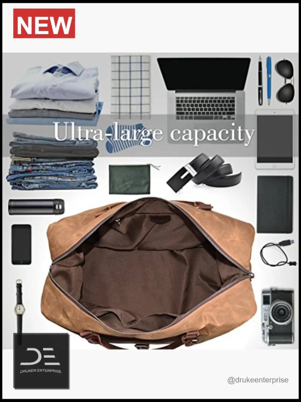 Large Waxed Canvas & Leather Travel Duffel Bag, Carry-on Weekender for Men, 55L